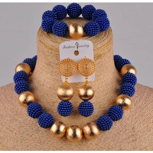 African royal blue beads jewelry set simulated pearl nigerian necklace wedding jewelry sets for women FZZ36