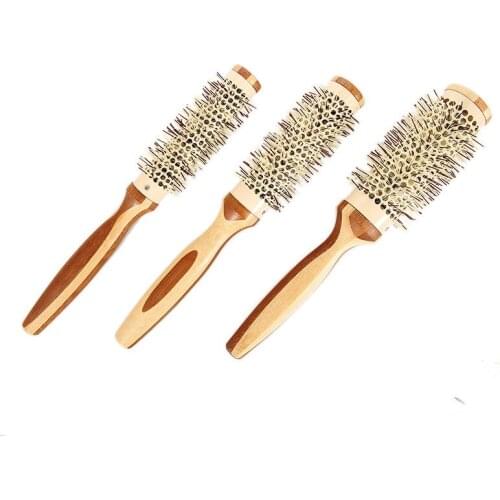 Bamboo Wooden Handle Rolling Comb Cylinder Nylon Tooth Modeling Within Buckle Volume Hairstyle Fluffy Curly Hair Comb