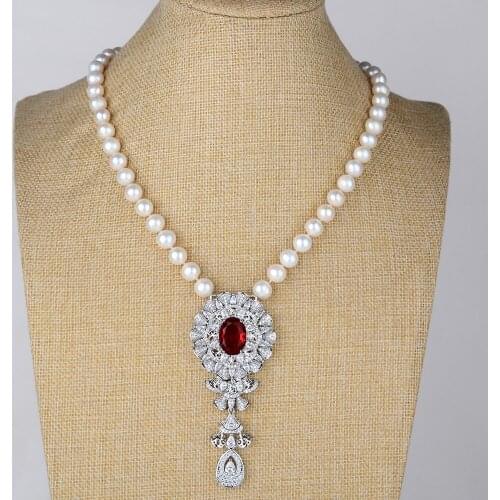 1Strand 9-10MM White Pearl Flower Pendant Necklace
