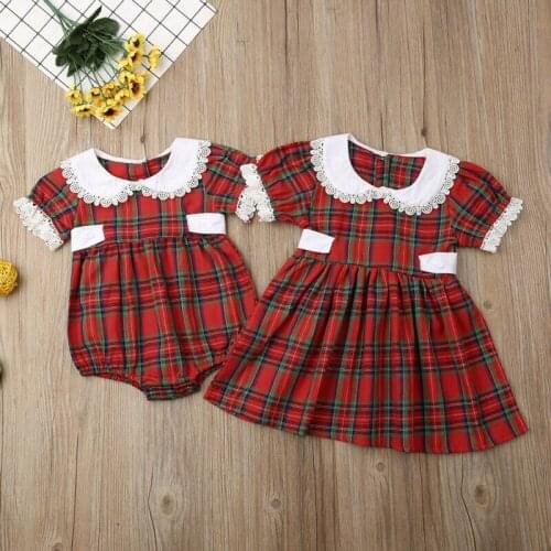 Childrens Clothing Baby Girl Turn Down Collar Lace Ruffle Sleeves Romper Patchwork Lattice Princess Dress For Toddler Kids