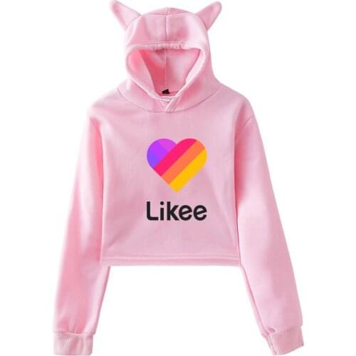 Cat Ear Pink Style Likee App LIKEE Hoodies Women Cat Crop Top Hoodie Female Rainbow print Sweatshirt Trendy Streetwear Hip Hop