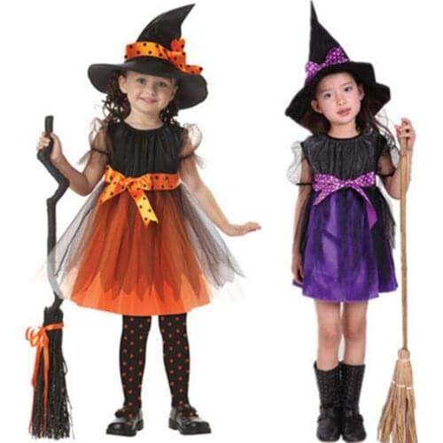 Toddler Girl Witch Cosplay Costume Kids Short Sleeve Dress with Polka Dot Ribbon Pointed Hat for Halloween Fairytale Party Props