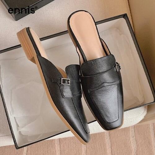 ENNIS Brand Mules Shoes Womens Slippers Genuine Leather Shoes Casual Fashion Square Low Heels Spring Summer Outdoor Mules M102