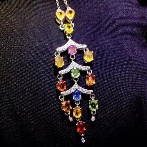 Natural Multicolor sapphire necklace natural gemstone pendant necklace S925 silver Luxurious Pagoda Tassels girl gift jewelery