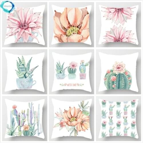 Watercolor Painting Cactus Flower Decorative Throw Pillow Case Green Succulent Plants Cushion Covers Party Home Decor 45x45cm