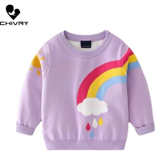 New 2021 Baby Girls Pullover Knitted Sweater Autumn Winter Kids Girl Cartoon Rainbow Jacquard O-neck Jumper Sweaters Clothing