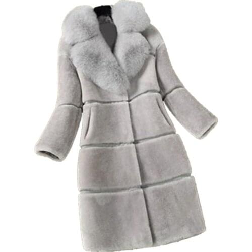 Solid Color Faux Fur Coats Large Size 5XL Ladies Wild Fake Fox Collar Outerwear Winter Fashion Faux Fur Thick Warm Long Jacket