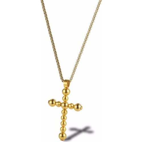 RIR Stainless Steel Vintage Style Beads Cross Shape Jesus Pendant Necklace Classic Faith Religious Jewellery Necklace