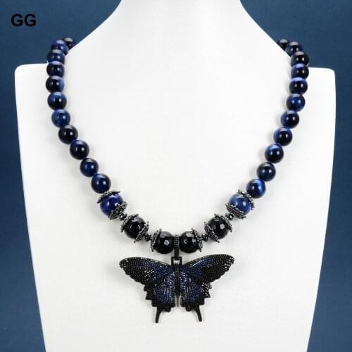 GG Jewelry Natural Blue Tigers Eye Round Smooth Black Onyx Necklace Cubic Zirconia Pave Butterfly Pendant 20" For Women