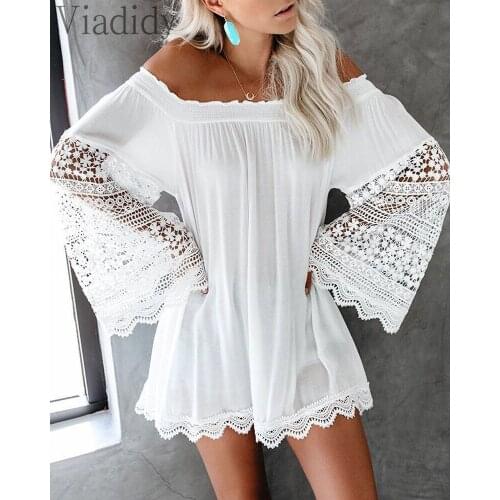Off Shoulder Hollow Lace Embroidered Patchwork Beach Mini Dress Loose Casual Long Sleeve Female Vestido