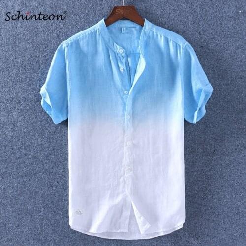 Schinteon 2020 Gradient Men Short Sleeves Shirt Summer Cotton Linen Slim Stand Collar Comfortable Shirts