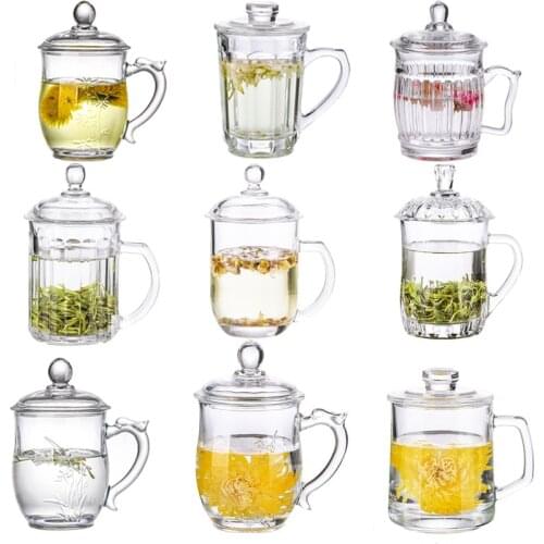 Glass Tea Cup Flower Clear Lead-Free Coffee Mugs with Handle and Lid Tea Cup for Women Birthday Valentines Wedding Gifts