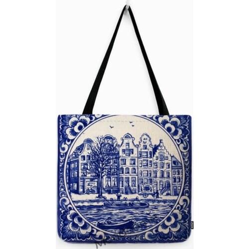 Traditional Netherlands Holland Delft Blue Souvenir Art Pattern Milkmaid Canal House Cotton Linen Shopper Tote Bag Shoulder Bag