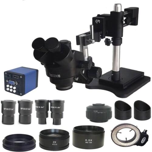 3.5X-90X Simul Focal Double Boom trinocular stereo Microscopio microscope 13MP HDMI VGA Digital Microscope camera 144 lights