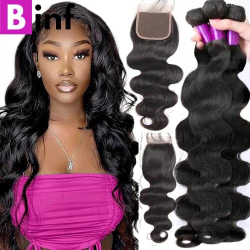 BINF Body Wave Bundles with Closure 4x4 5x5 6x6 Closure With Bundles Peruvian Hair Remy Human Hair Bundles With Closure