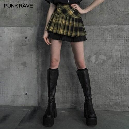 PUNK RAVE Womens Punk Layered Sense Pleated Grid Half Skirt College Style High Waist Plaid Skirts Playful Cute Girl Skirts