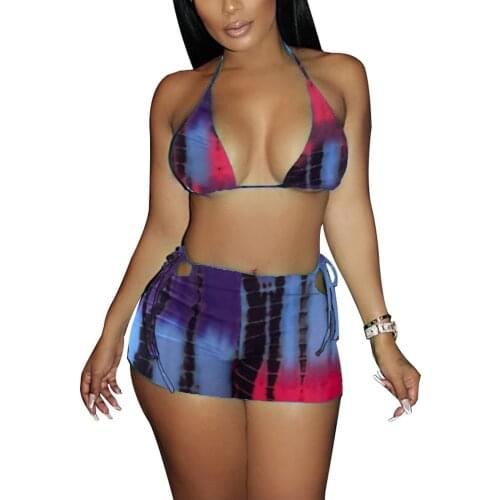Ladies Swimsuit Two-Piece Printed Strappy Short Skirt Tie-Dye Printed Halterneck Top And Skirt Green/Dark Blue Sexy Bikini