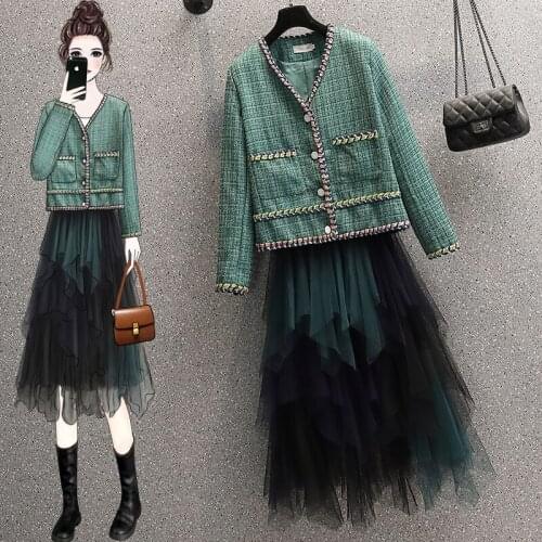 Large Size Tweed 2 Piece Set Luxury Women Green Plaid Weave Pocket Jacket Coat + Irregular Mesh Gradual Color Midi Skirt Suits