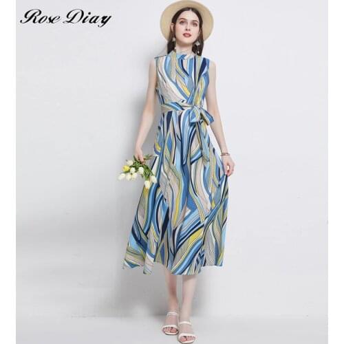 RoseDiary 2021 Vintage Stripe Midi Dress Women Summer Bow Collar Elegant Office Casual Stylish Goth Ladies Retro Dresses