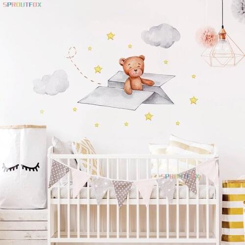 Stars Wall Stickers for Kids Rooms Little Bear on a Paper Airplane for Baby Boys Bedroom Nursery Decals Decorative