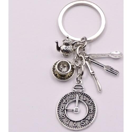 1 pcs High Quality Fashion Jewelry Alice in Wonderland Keychain, Coffee Cup Watch Teapot Spoon Key Chain, Clock Keychain