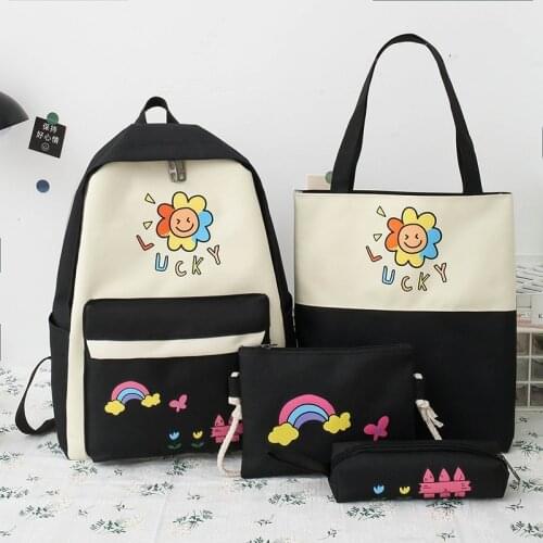 4 Pcs Schoolbags Student Women Canvas Cute Backpack Print Female Student College School Bag For Teenager Girl Kawaii
