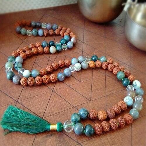 8mm Moss Agate Rudraksha Stone 108 Beads Handmade Tassel Necklace Spirituality Spiritua Yoga Religious Meditation Mala Wristband