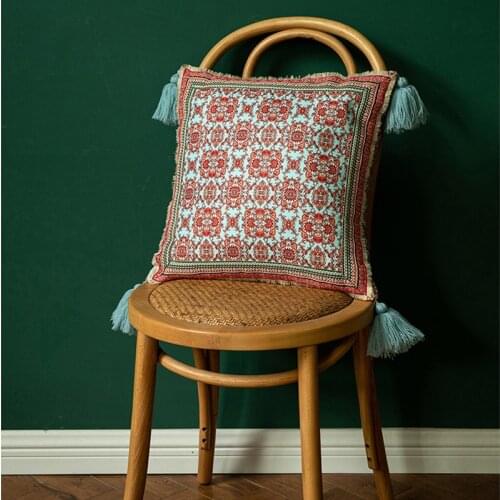 Boho Floral Tassels Pillow Cover With Pompom Blue Vintage Cushion Cover Home Decor Throw Pillow Case 43x43cm 30x50cm 50x50cm