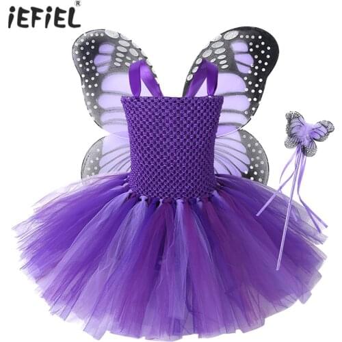 Purple Kid Girls Sleeveless Fairy Cosplay Mesh Tutu Dress with Wings Halloween Carnival Fancy Theme Party Costume Adorable Dress