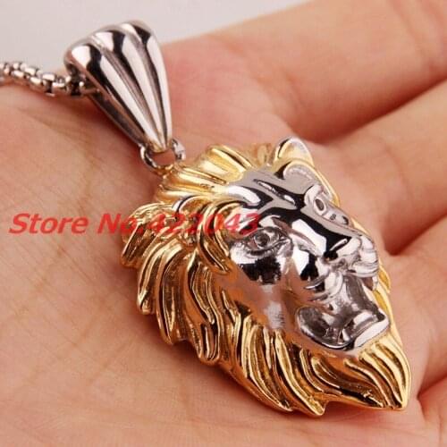 Hip Hop Lion Head Casting Silver Gold Mix Color Tone Pendant Necklace For Mens Boys Stainless Steel Male Jewelry Friendship Gift