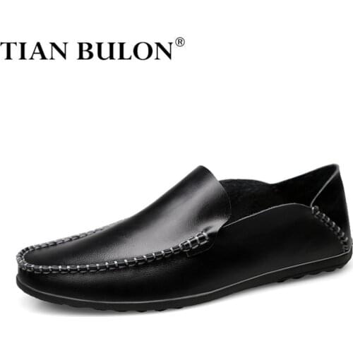 Italian Men Casual Shoes Black Genuine Leather Men Loafers Moccasins Slip on Mens Flats Breathable Male Driving Shoes Plus Size