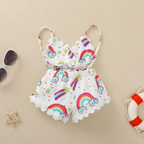 Newborn Summer Tie-up Romper, Baby Girl Rainbow/Scale Pattern Spaghetti Strap V-Neck Romper with Flower/Pompom