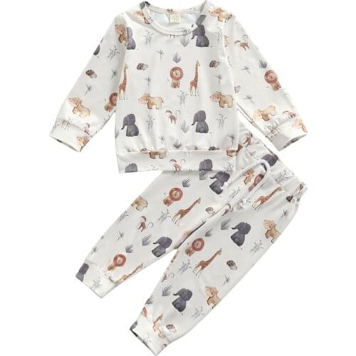 Baby Boys Girls Clothes Sets Long Sleeves Casual Top + Trousers Animal Cartoon Print Elastic Waist Classic Round Neck Clothing