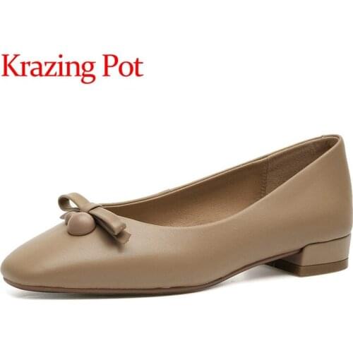 Krazing Pot genuine round square toe low heels shallow bowtie British school daily wear energy maiden slip on women pumps L61