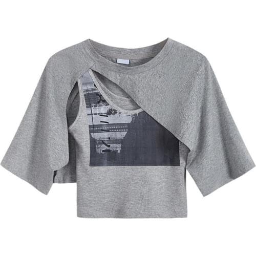 Two Piece Crop Tops Women Harajuku Print Shawl+vest Y2k Top E Girls Chic Gray Short-sleeved Loose T-shirts Summer New