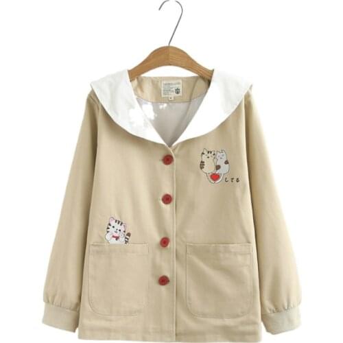 Cartoon Cat Embroidery Jackets For Women Sailor Collar Long Sleeve Cotton Jackets Single Breasted Outerwear Coats With Pockets