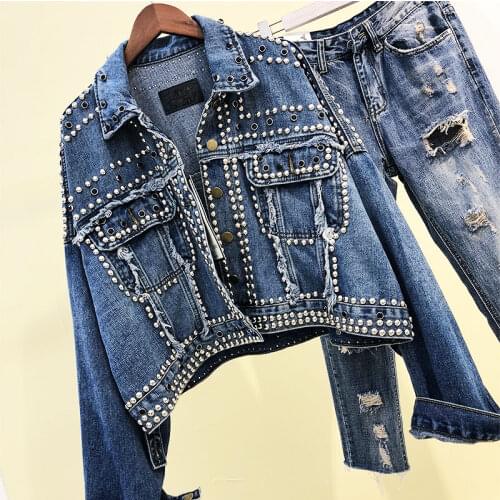 2019 Autumn Women Harajuku Red Denim Jacket Coat Heavy Hand Beaded Rivet Short Black Jeans Jacket Student Basic Coats Outfit