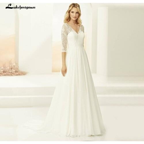 Lakshmigown Boho Wedding Dress with Plunging V-neck Chiffon Lace Bodice Wedding Gown Summer Beach Bride Dress robe de mariee