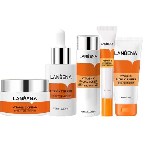 LANBENA Vitamin C Set Whitening Moisturizing Reduce Freckle Facial Cleanser Eye Serum Toner Cream VC Essence Skin Care 5Pcs/Set