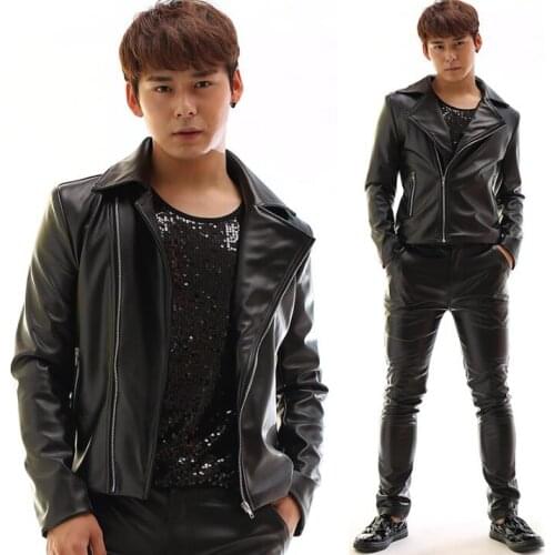 Mens motorcycle leather jackets blazer men latest oblique zipper coat designs men suit personalized stage singer black fashion