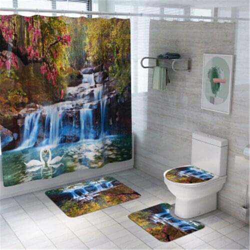 4Pcs/set Bathroom Mat Set Non-slip Waterfall Scenic Bath Mat Coral Fleece Shower Curtain Floor Mat Washable Bathroom Toilet Rug