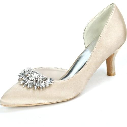 2021 New D'orsay Lady Pointed Toe Satin Evening Dress Shoes Middle Heel Bridal Wedding Party Prom Pumps Fan shape Crystal brooch