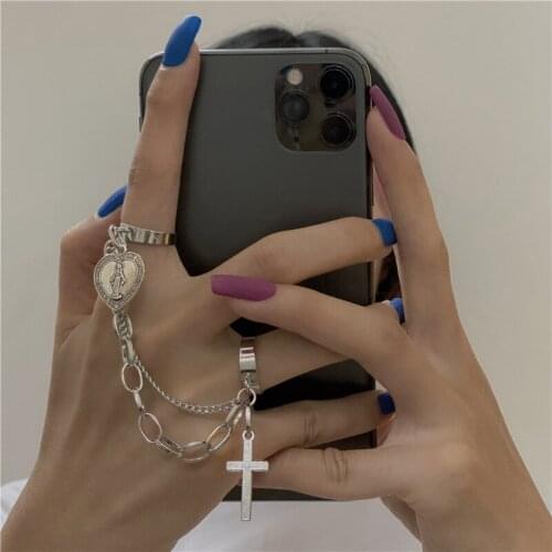 Punk Fashion Jesus Cross Chain Ring For Women Silver Color Adjustable Ring Set HIP HOP Party Accessories