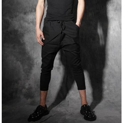 Original design fashion harem capris pants men personality slim mens skinny pants england feet trousers black pantalon homme
