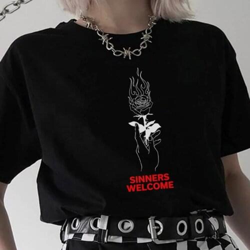 Flaming Rose Print Oversize Dark Goth Tshirt Egirl Punk Streetwear Graphic Tees Women Grunge Aesthetic Gothic T-shirt Tumblr Top