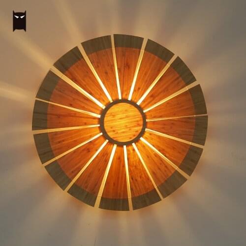 Handmade Natural Bamboo Round Flower Wall Lamp Fixture Asian Rustic Country Art Deco Sconce Lighting Design Staircase E27 Bulb