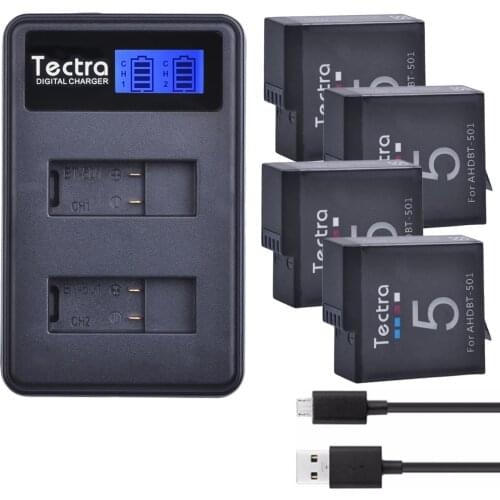 Tectra 4pcs AHDBT-501 AHDBT 501 Go Pro Hero5 1600mAh/Li-ion Battery + LCD USB Dual Charger for Go Pro Hero5 Sport Action Camera