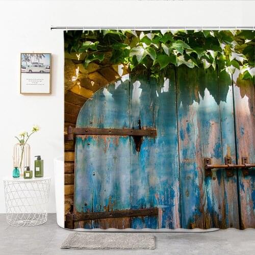 Vintage Wooden Door Green Leaf Shower Curtain Old Wooden House For Bathroom Decoration Nature Home Curtains Set With Hook Ring
