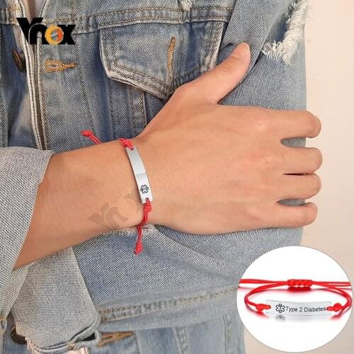 Vnox Custom Engrave Medical Alert ID Awareness Bracelet for Women Men Handmade Braided Colorful Rope Length Adjustable