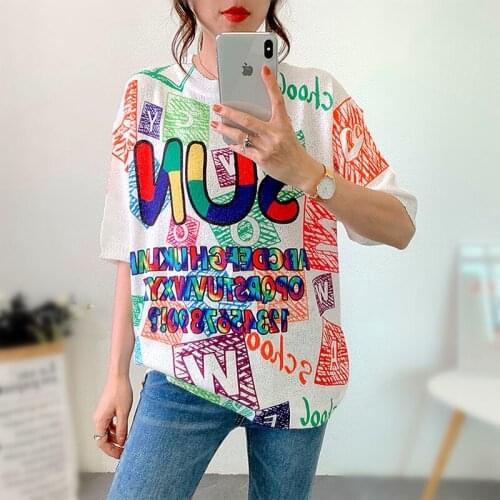 High quality knitted womens loose T-shirt top summer color letter printing womens long-sleeved shirt T-shirt top ladies NZ109